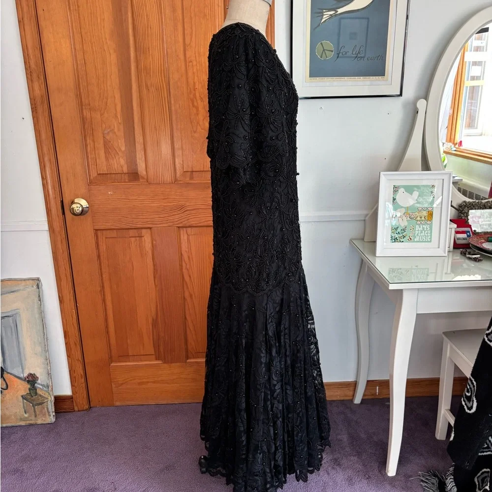 VINTAGE 1990’s Laurence Kazar Black Beaded Lace Dress! - Picture 2 of 9
